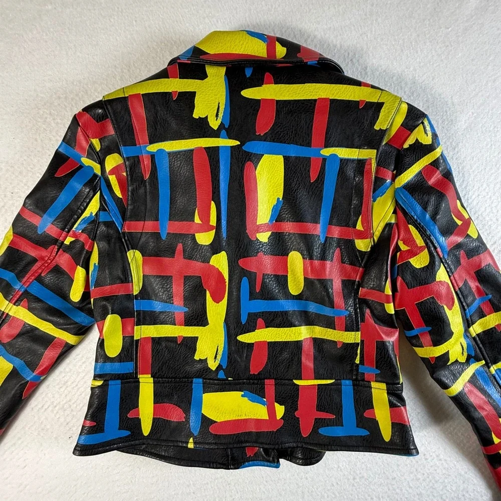 Azalea Wang Moto Jacket Womens Size M Haring Print Faux Leather Black Multicolor - Picture 2 of 6
